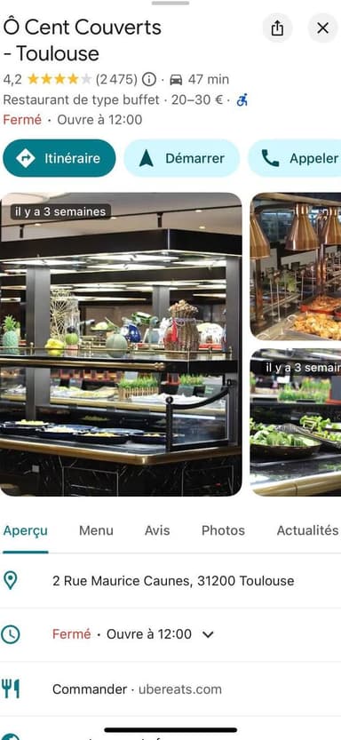 Fiche Google Maps de Ô Cent Couverts avec 2475 avis